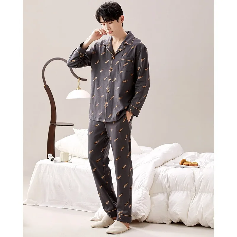 Men Pajamas Sets Long Sleeve Cotton Autumn Spring Youth Homewear Set Sleep Cloth Outside Male Printed Pjs Casual Loungewear