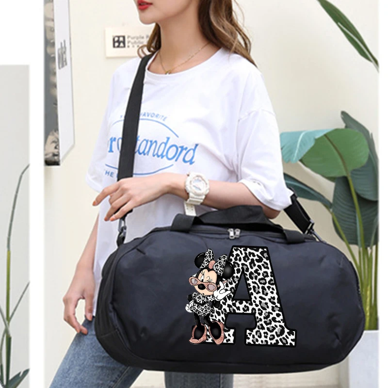 Women Travel Bag Canvas Gym Sport Bag Disney Minnie Mouse Lertter Design Handbag Waterproof Shoulderbag Storage Bags Fitness Men