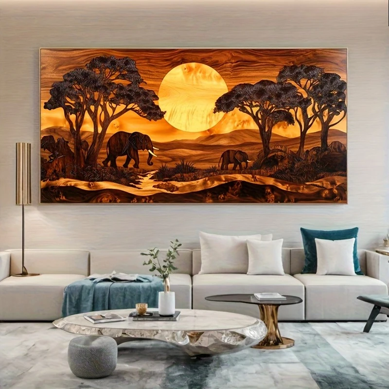 Large Frameless Canvas Wall Art,Sunset Elephants Poster and Prints African Grasslands Wild Animals Canvas Painting Wall Art Pict
