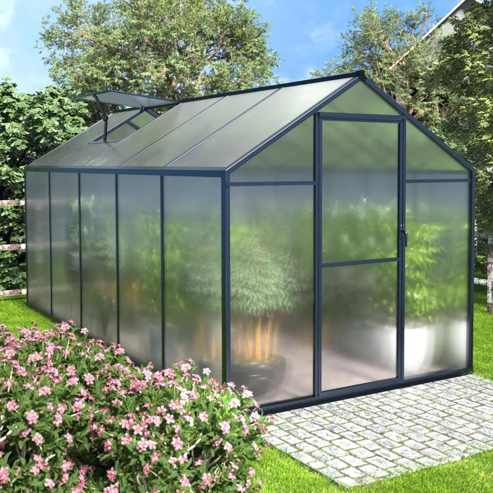 

6x10 foot outdoor greenhouse kit with aluminum frame, sliding lock door, and adjustable roof vent for a walk-in gardengreenhouse