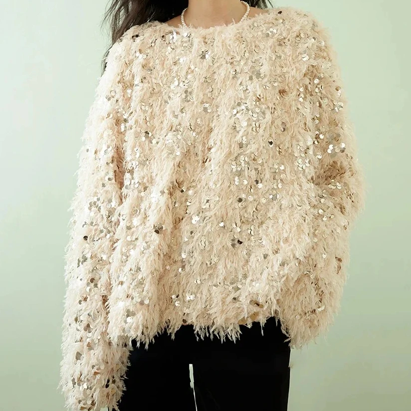 2000s ผู้หญิงเสื้อกันหนาวเลื่อมหลวม Feather พู่ลูกเรือคอยาวแขนยาวเสื้อสําหรับฤดูหนาวฤดูใบไม้ร่วง