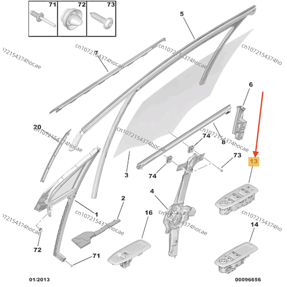 Main Power Window Control, Scale Auto Parts, Front Shop, 96749624ZD, 208, 2008, 2013-2018