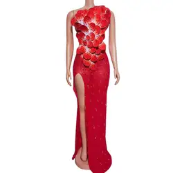 Sexy Red Petal High Slit Diamond Dresses Sexy Tight Long Skirt Singer Model Runway Nightclub Bar Performance Clothing Huabanyu