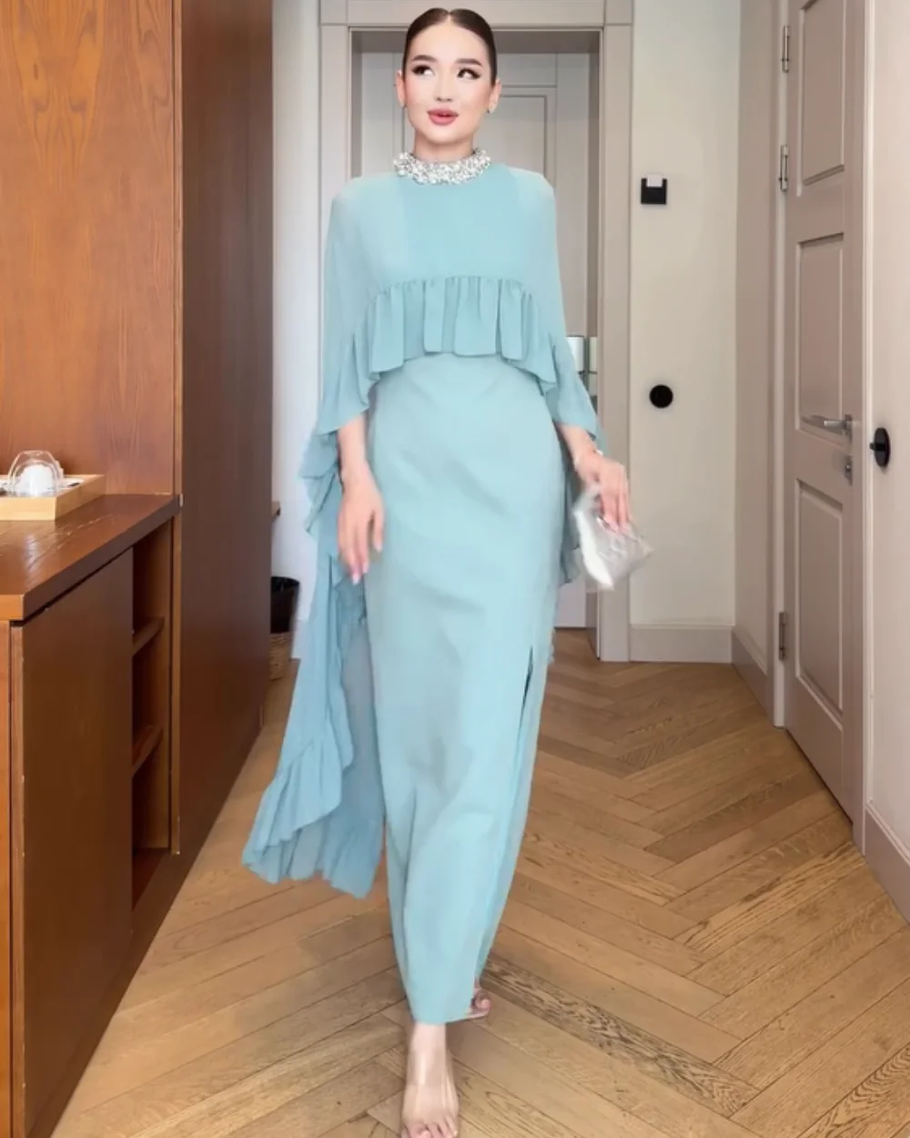 

Customized Sparkle Jersey Pleat Ruched Straight High Collar Midi Dresses Bespoke Occasion Fashion Classic