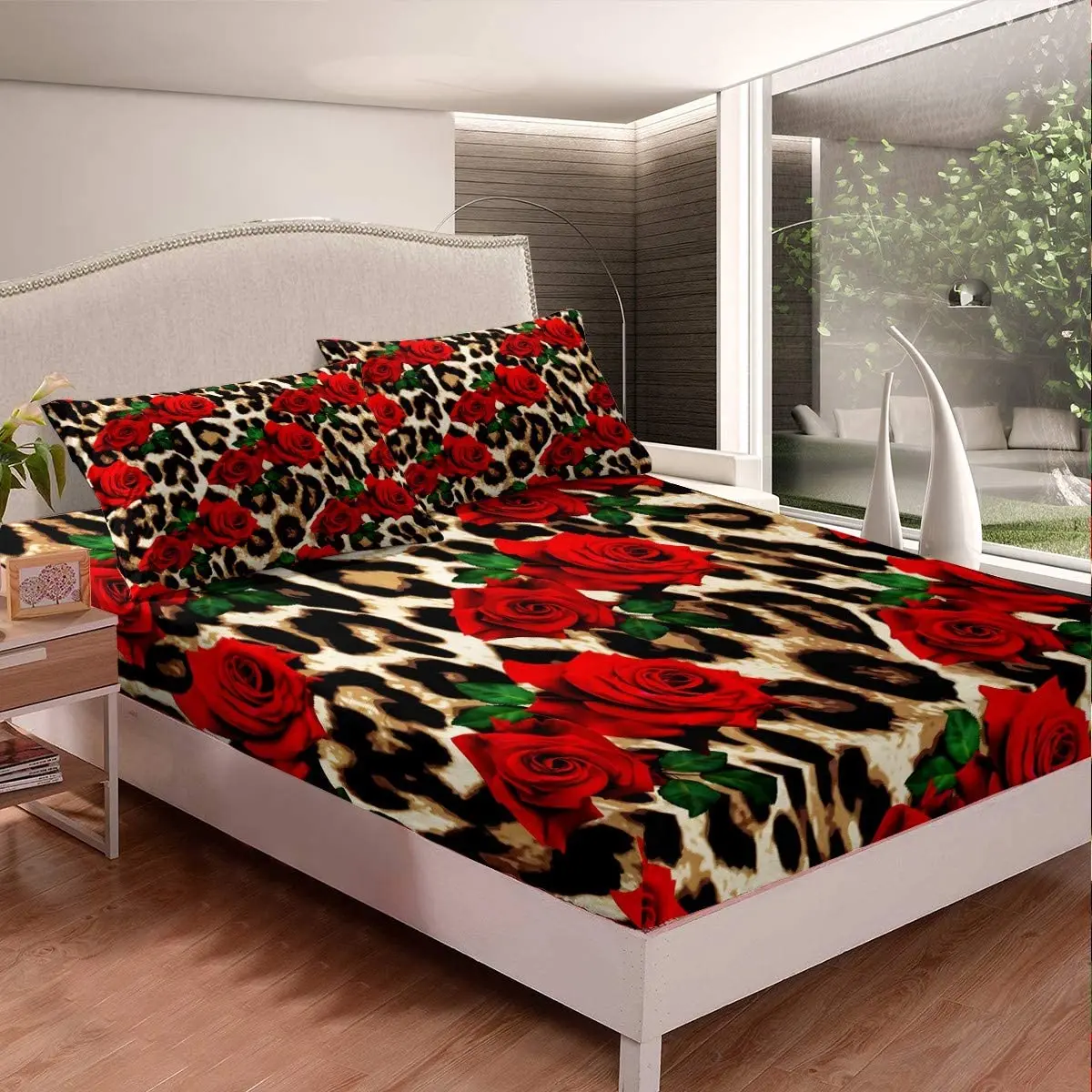 

Leopard Print Fitted Sheet Twin Size Rose Flower Bedding Set for Kids Girls Women Room Decor Bed Sheet Set Branches Green Print