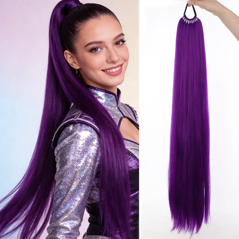 

Tail Extension Multifunctional Elastic Band Purple Ponytail, 32" long Straight and Soft Synthetic Ponytail, Suitable for Women