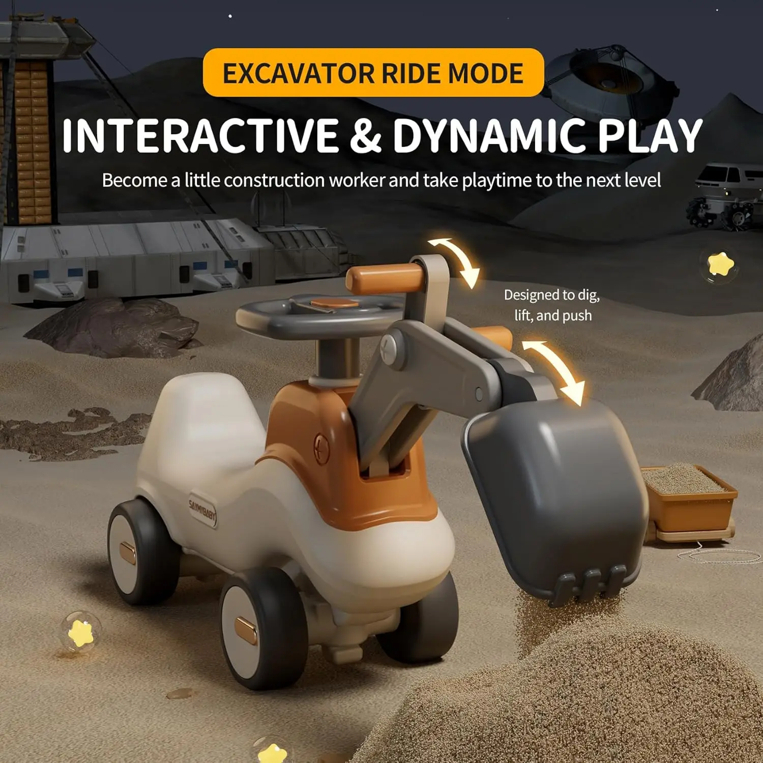 4-w-1 koparka Rocker n Ride, rowerek biegowy dziecięcy do jazdy z odczepianym Balance Board, fotel bujany dla malucha, ruchomym ramieniem,