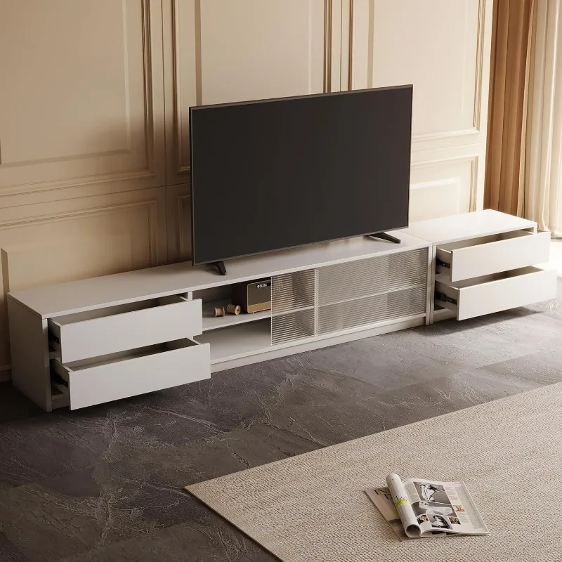 アクリル扉と4つの引き出し付きモダンTVスタンド、90インチテレビ用エンターテイメントセンター、Li用スタイリッシュで機能的なメディアコンソール