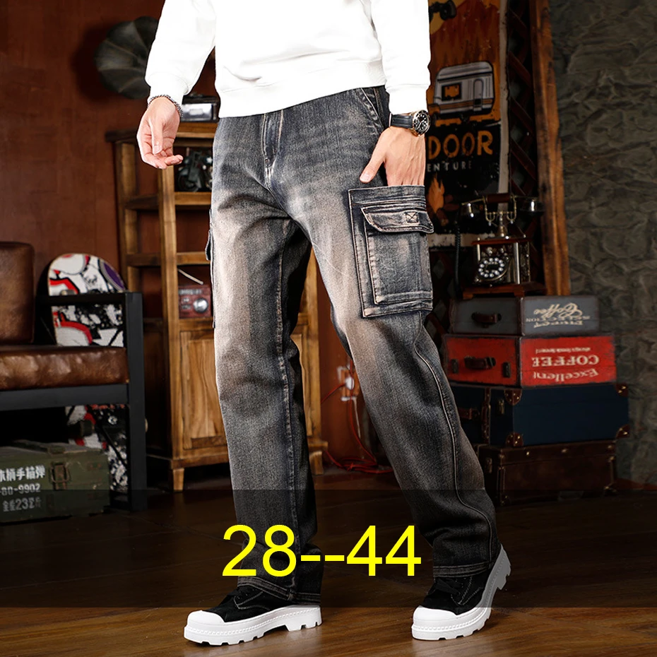 

44 Plus Size Jeans Vintage Denim Pants Men Big Pocket Moto Biker Jeans Fashion Casual Straight Jeans Pants Male Big Size