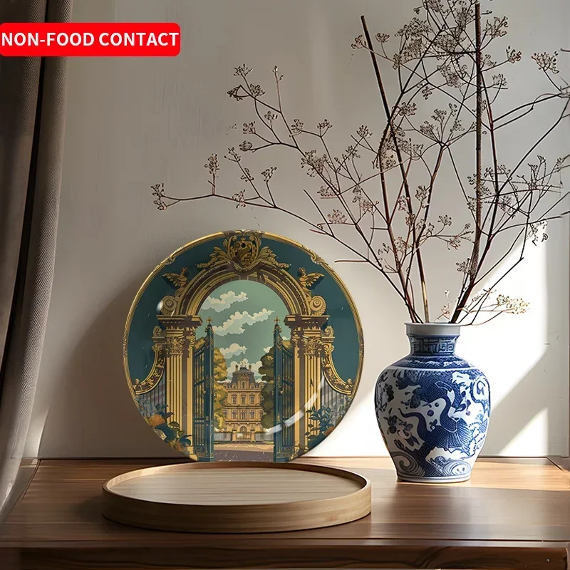 1pc European Ceramic Wall Plate - Round Ornate European Building with European Landmark or Facade Patterns, Non-Food Contact