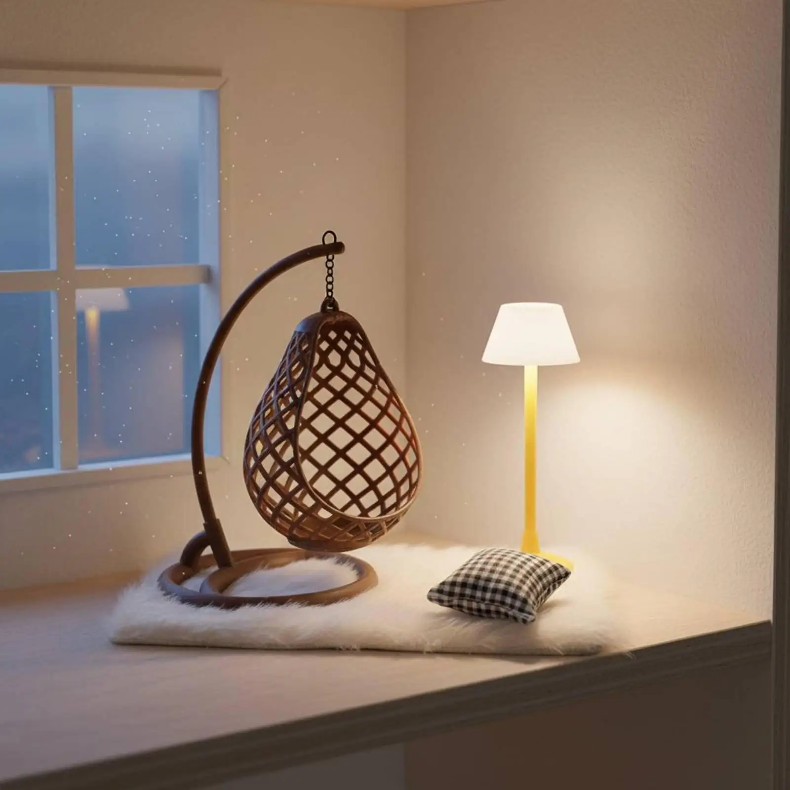 Miniature Hanging Seat Dollhouse Mini Chair Set with Floor Lamp Plush Rug for 1