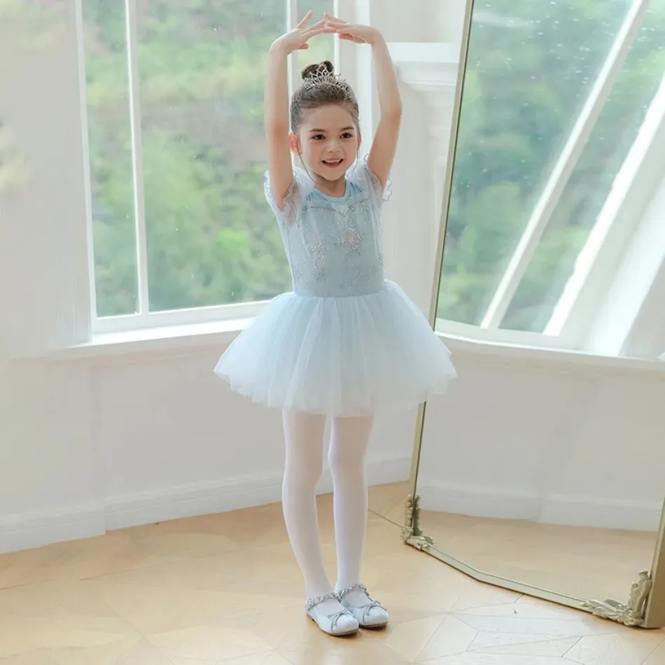 Girls Light Blue Snowflake Embroidery Short Sleeve Tulle Ballet Dress Kids Dance Tutu for Recital Birthday Themed Party XMZ65