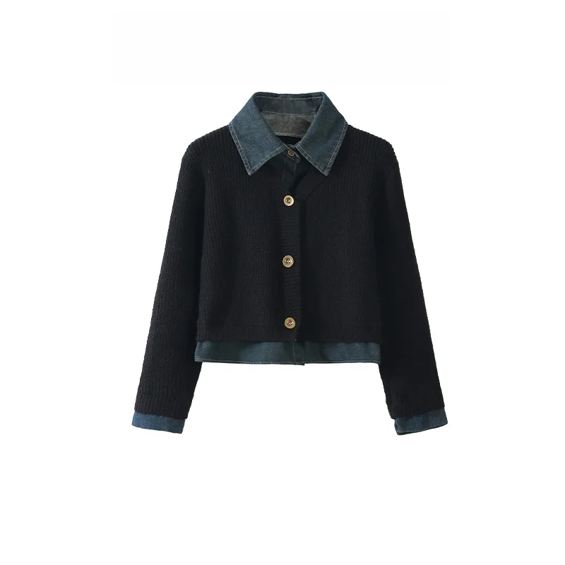 Cárdigan abierto con cuello de retazos de mezclilla de primera calidad, conjunto de falda de moda para mujer, nuevo conjunto de dos piezas Sle Ele Plaid irt