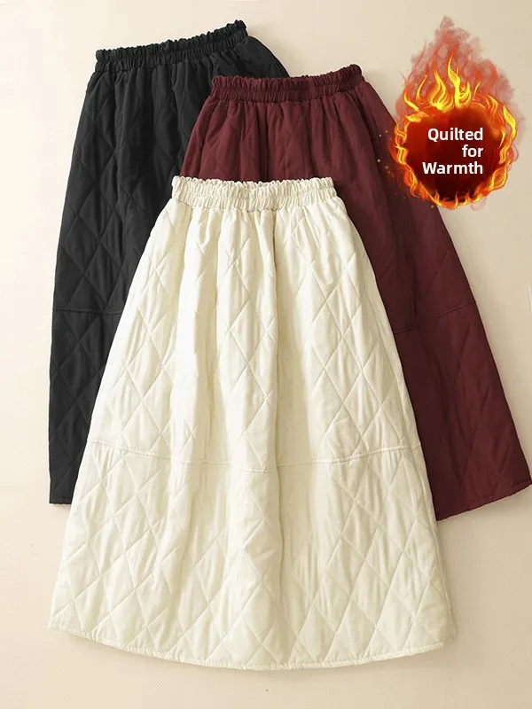 

Warm Stuffed Pure Color Patchwork Diamond Quilted Cotton f Skirt A-Line Skirt Elastic Waist Slimming plus Size Women's Skirt