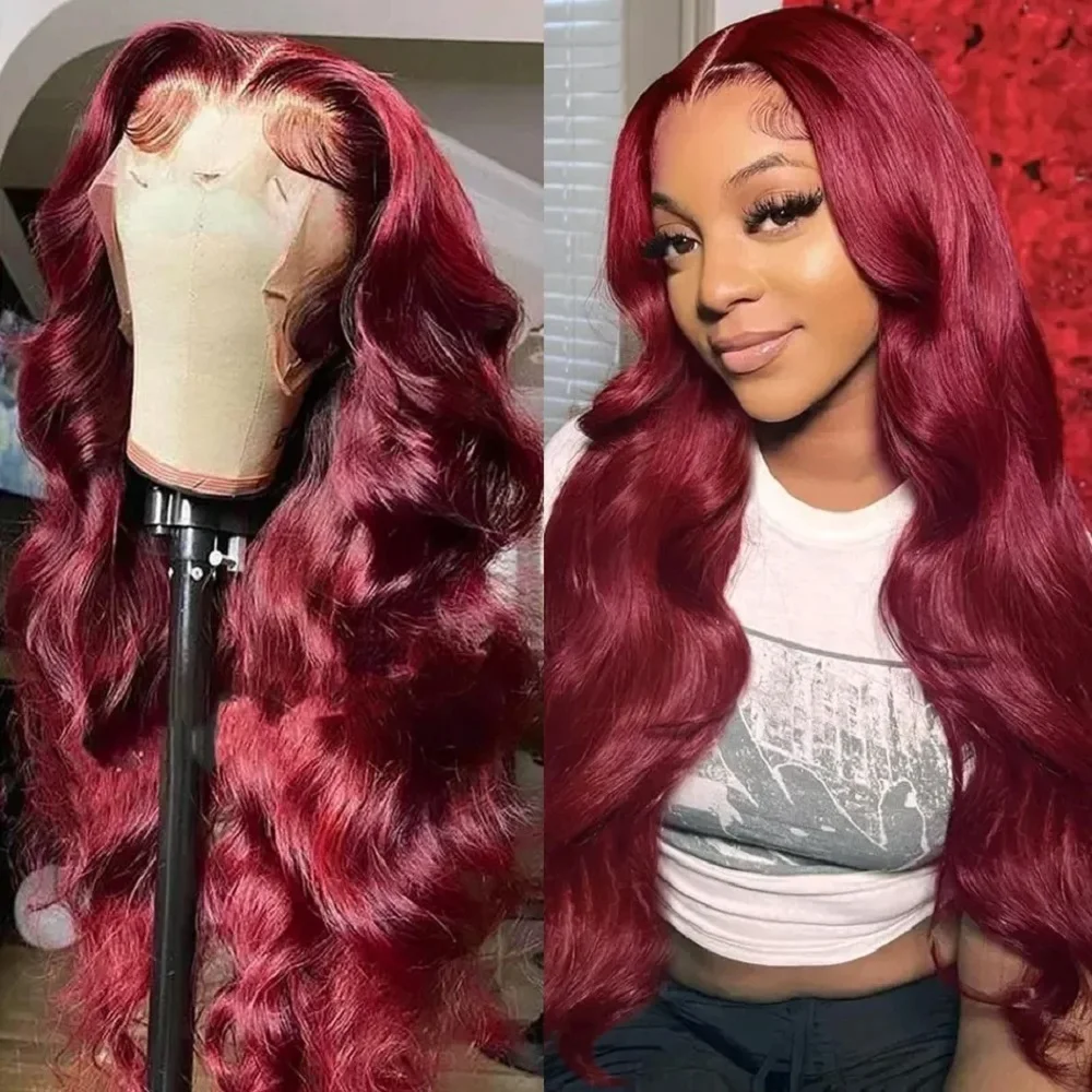 Body Wave 99J Burgundy 13x4 HD Lace Front Wig Human Hair 34 36 Inch Red Colored Transparent Lace Frontal Wig 180 Density Wig