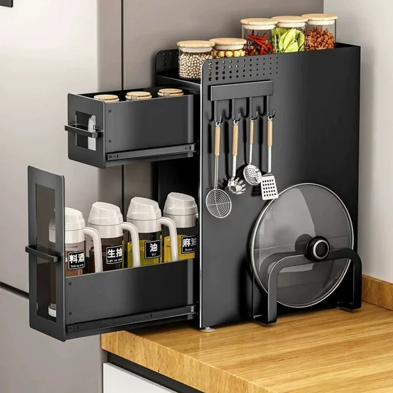 Side Pull Out Kitchen Spice Rack, Large Capacity Cabinet Organizer for Jars & Bottles, Space-Saving Storage Shelf for Home