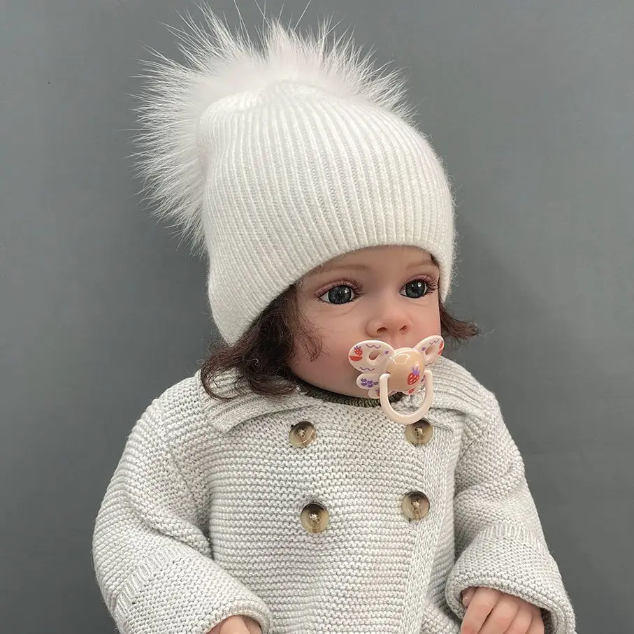 MISSJANEFUR 2022 Newborn Knitted Hats Soft Warm Angora Kids Boy Girl Fur Pom Pom Hat Cute Baby Toddler Beanies Kid Bonnet Caps