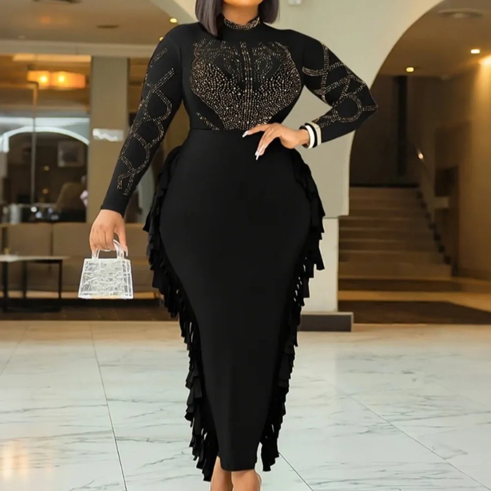 

HLJ Sexy Rhinestone Patchwork Bodycon Dresses for Woman Solid Color Long Sleeves Tassel Dress Female Party Clubwear Vestidos New
