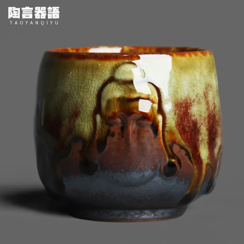 Wood burning fire marks glaze relief ask Buddha personal tea cup handmade retro pottery ice crack open piece drinking water tea