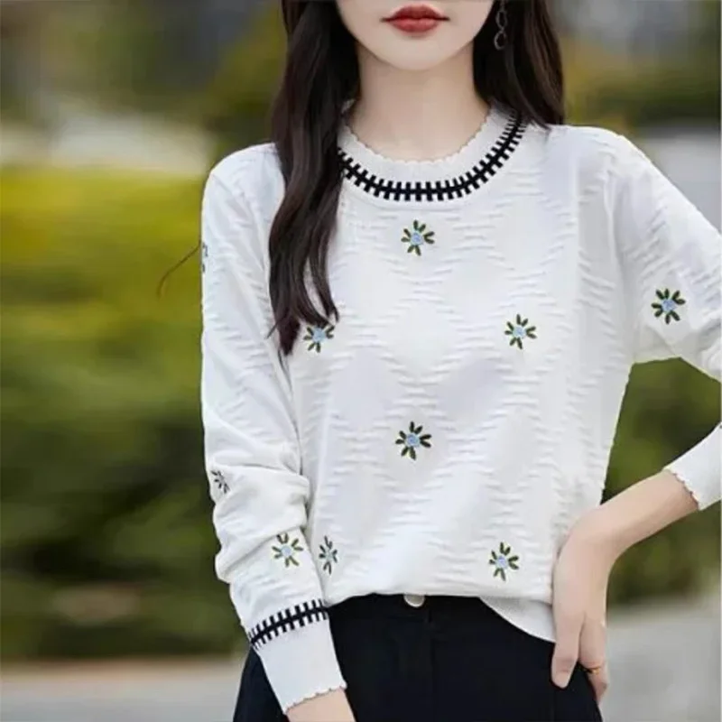 Women Floral O-neck Loose Knitted Pullovers Autumn Winter Commute Elegant Warm Knitwear Tops Soft Comfort Wool Sweaters