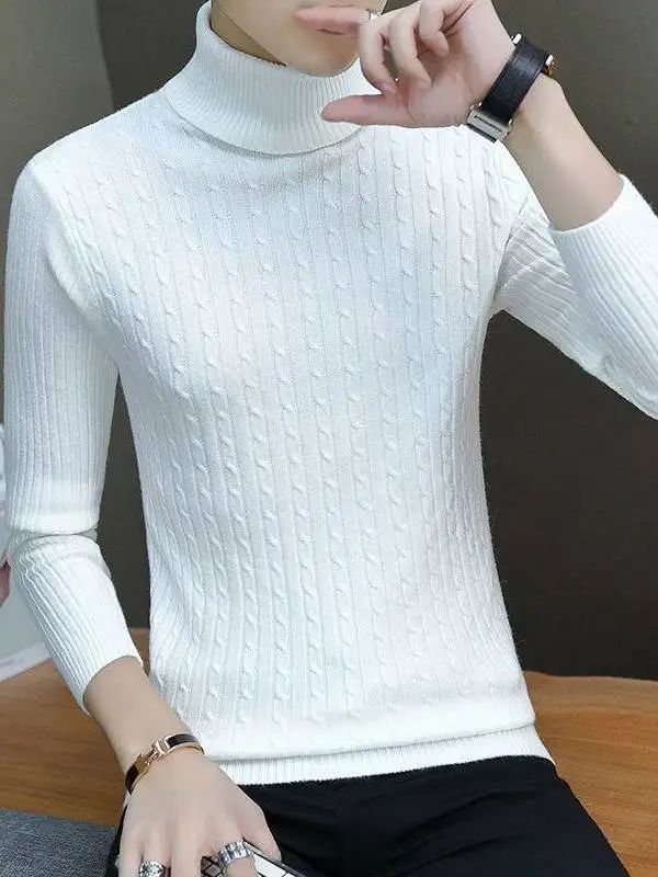 

Men's High Collar Knitted Sweater Slim Fit Long Sve Pure Color Yarn Winter Faion Ci Walk Cotton Coolmax Fiber Sweater