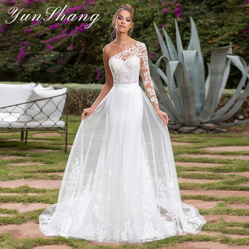 Yunshang-elegante vestidos de casamento sereia um ombro, manga comprida, vestido de noiva aberto, trem destacável, laço