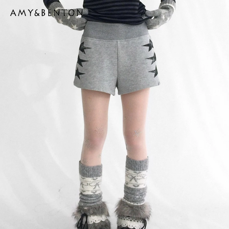 

Autumn Winter Gray Star Print Women's Pants Original Design Casual Elastic Waist Slimming Versatile A-line Loose Shorts Ladies