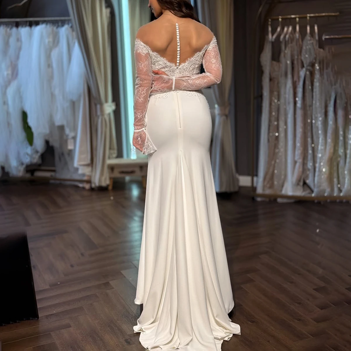 Romantische Satin-Langarm-Brautkleider mit Schleppe 2025, Meerjungfrau, V-Ausschnitt, Mantel, Brautpartykleid für die Braut, Vestidos Novia