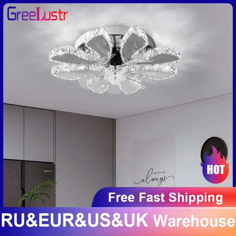 Crystal Ceiling Fan Lamps With Remote Control Dimmable LED 6 Speeds Reversible Blades Timing Home Fan Pendant Lighting Fixtures