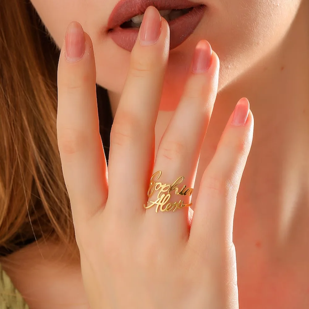 맞춤형 이중 이름 반지, 조정 가능한 수제 2 개 이름 반지, 맞춤형 발렌타인 데이, 커플 이름 기념일 선물