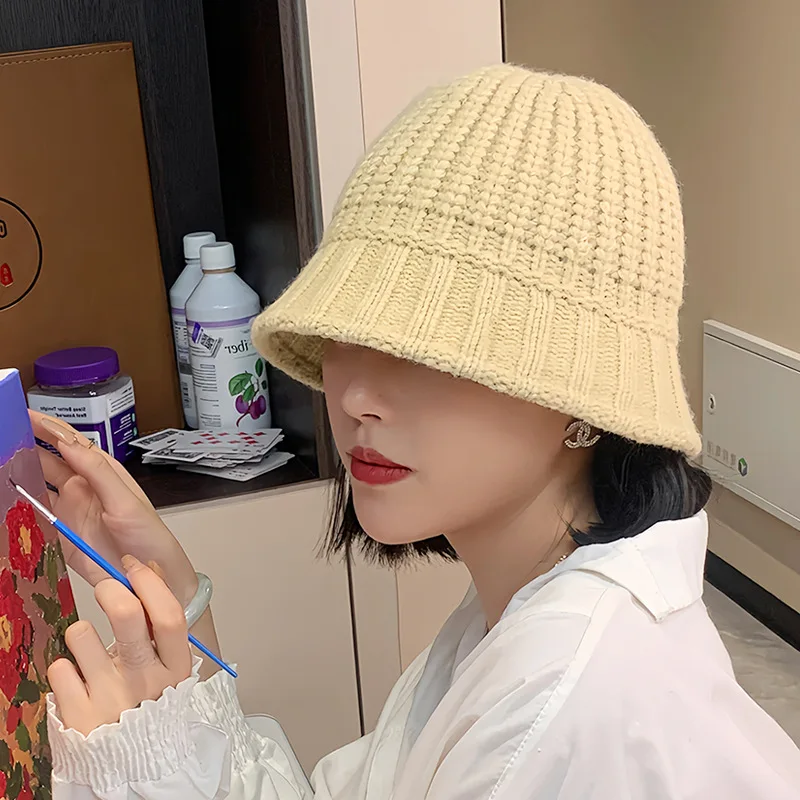 الشتاء متماسكة الصوف دلو قبعة للنساء الكورية بلون صياد قبعة في الهواء الطلق يندبروف قبعات بنما الدافئة #4