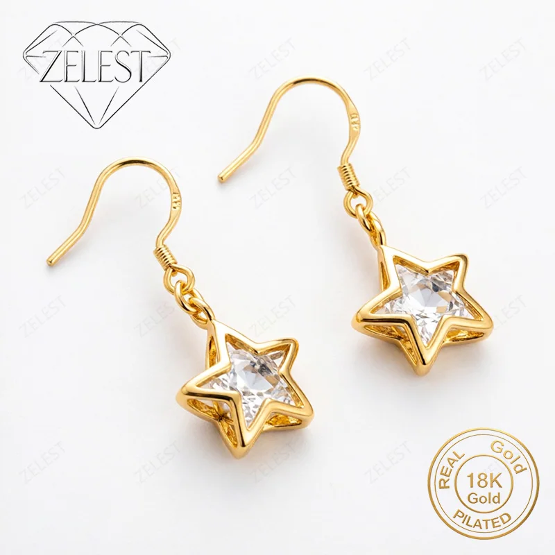 925 Sterling Silver 18K Gold Plated Luxury Star Zircon Earrings Women's Fashion Party Gift Accessories