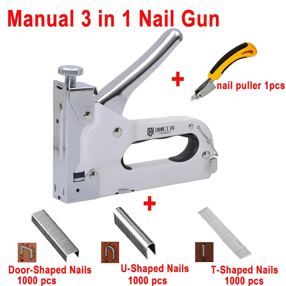 3 in 1 Construction Stapler Furniture Manual Nail Gun Machine for Woodworking Upholstery Furniture Woodwork Industrial Carpentry