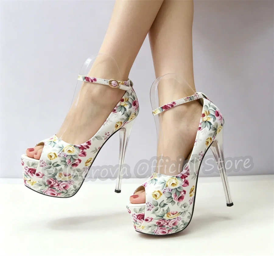 

Super High Heel Floral Print Peep Toe Gladiator Pumps Women Platform Ankle Buckle Strap Pumps Fetish Unisex Dance Cosplay Shoes