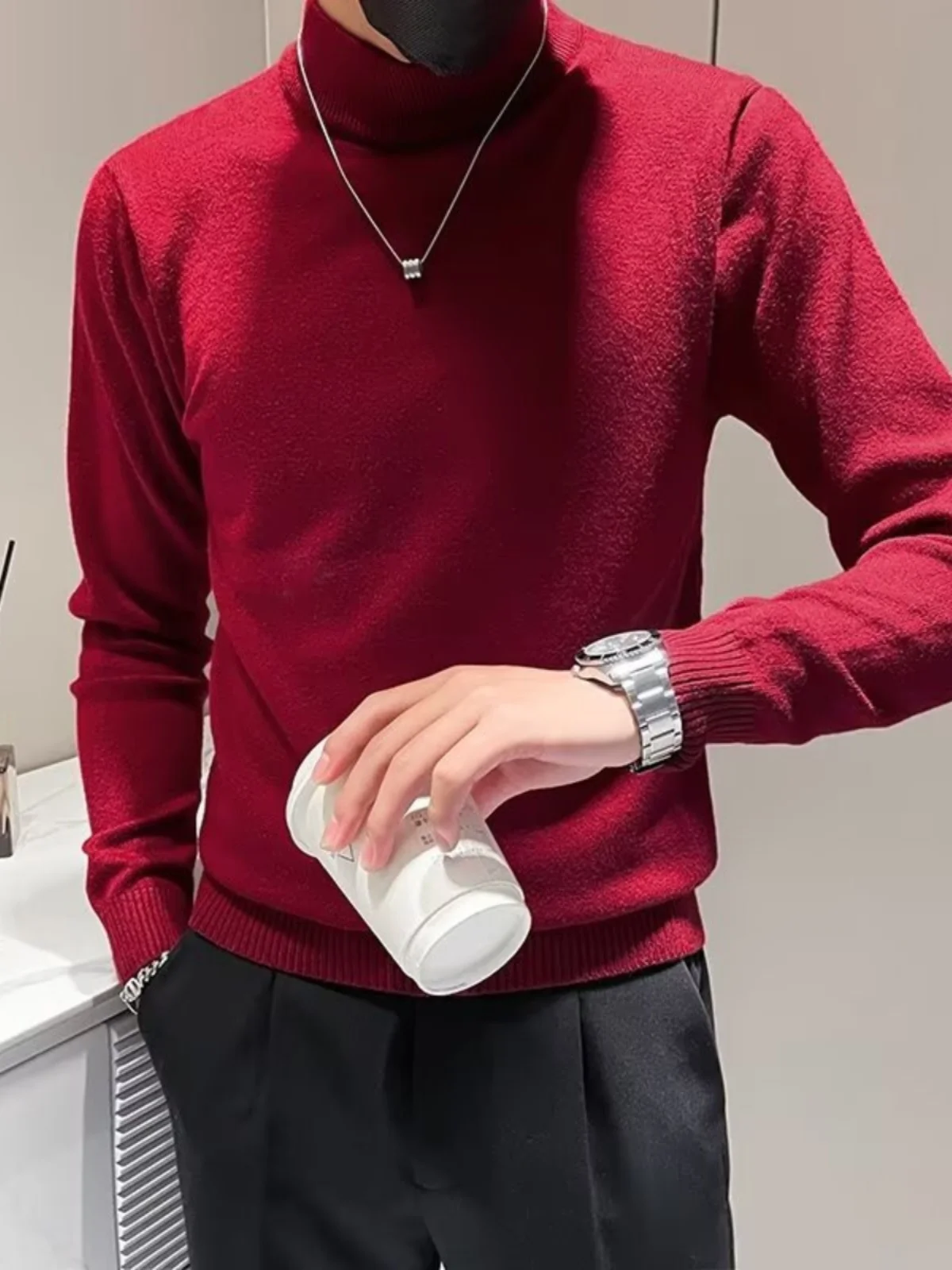 

Red Long Sve Knitted Sweater Men's Slim Fit Color f High Collar Autumn Winter Faionable Versatile Base Layer Top