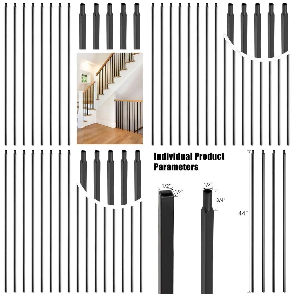 مجموعة مكونة من 15 حلقة من الحديد المطاوع المجوف المربعة، 1/2 × 44، لدرابزين الدرج، لمسة نهائية من الساتان باللون الأسود