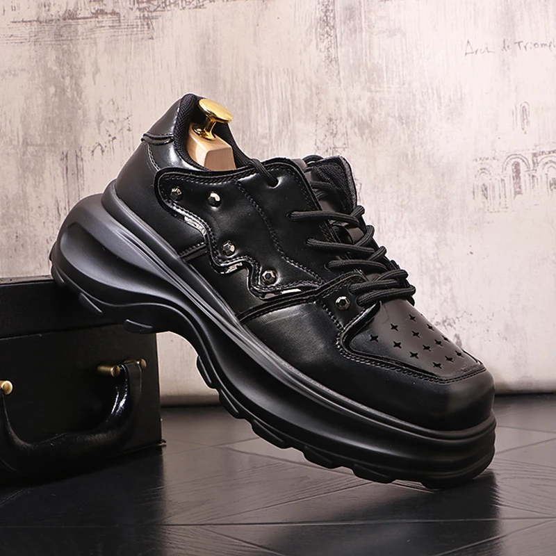 

men fashion original leather shoes brand designer square toe shoe black stylish platform sneakers punk rock dress mans footwear