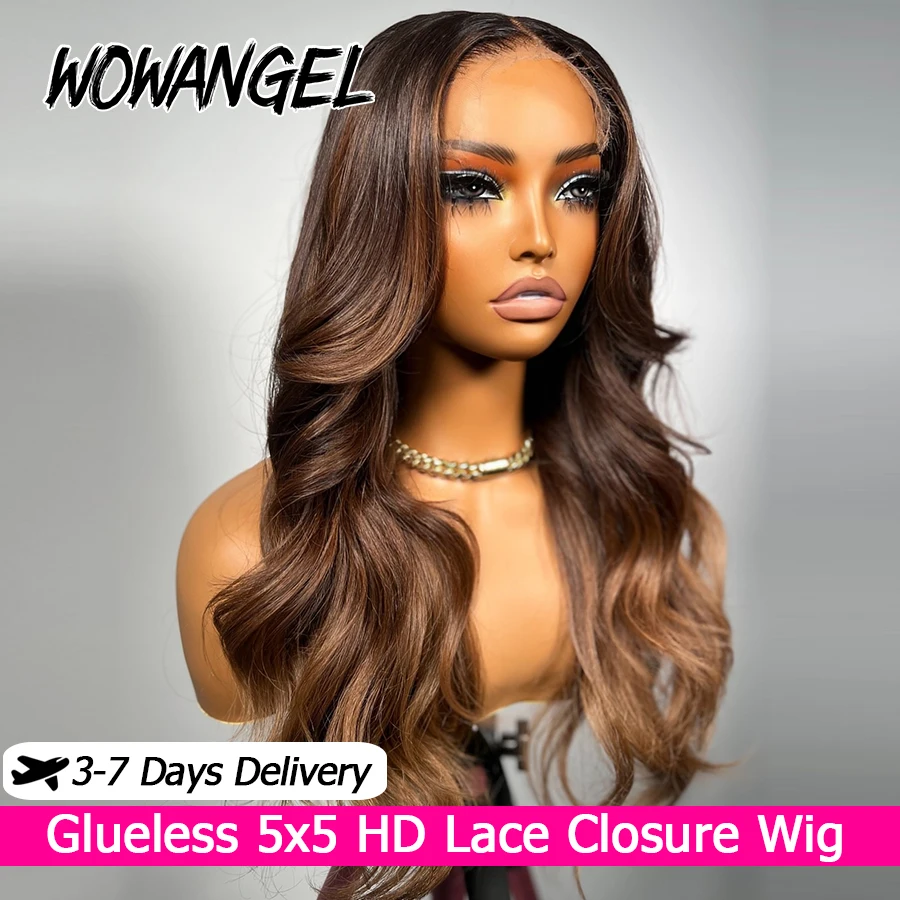 Коричневые парики из натуральных волос с эффектом омбре и волнистым плетением, с шоколадно-коричневыми прядями, парики с HD-кружевной застежкой 5x5, предварительно подготовленные, без клея, для женщин