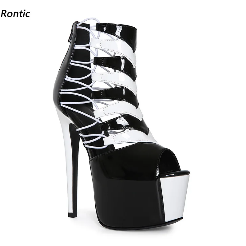 Rontic Women Black White Color Block Platform Sandal, Peep Toe Cutout Crisscross Back Zipper Stiletto Heel Party Stage Shoes