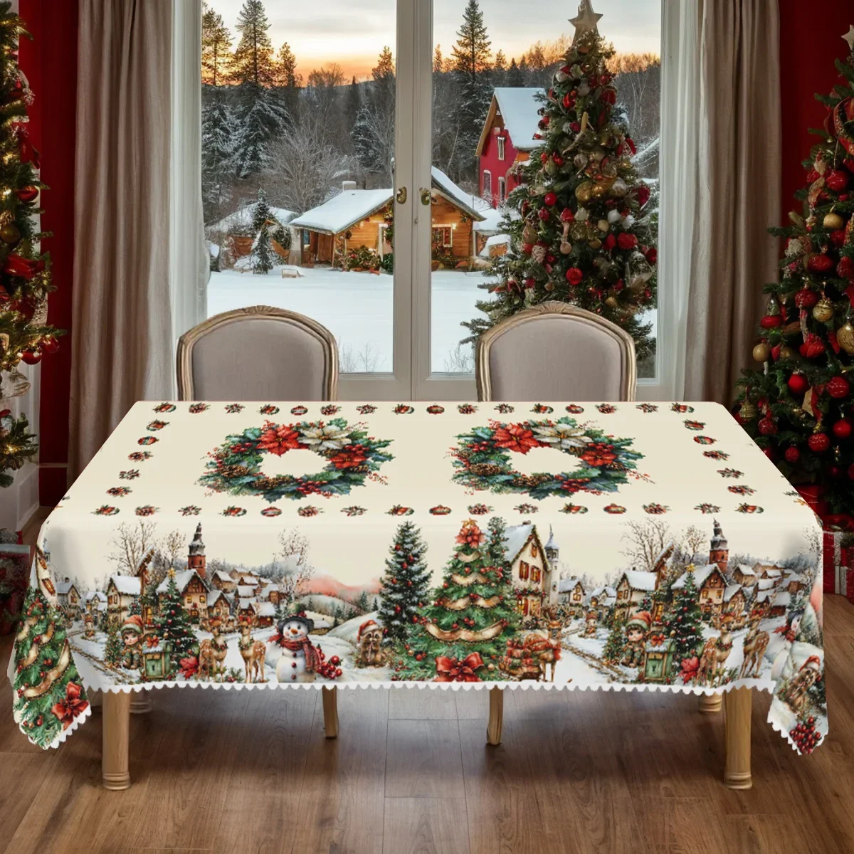 1 piece, Christmas-themed party tablecloth, featuring a snowman, Christmas tree and winter snowscape design pattern printed.yzb)