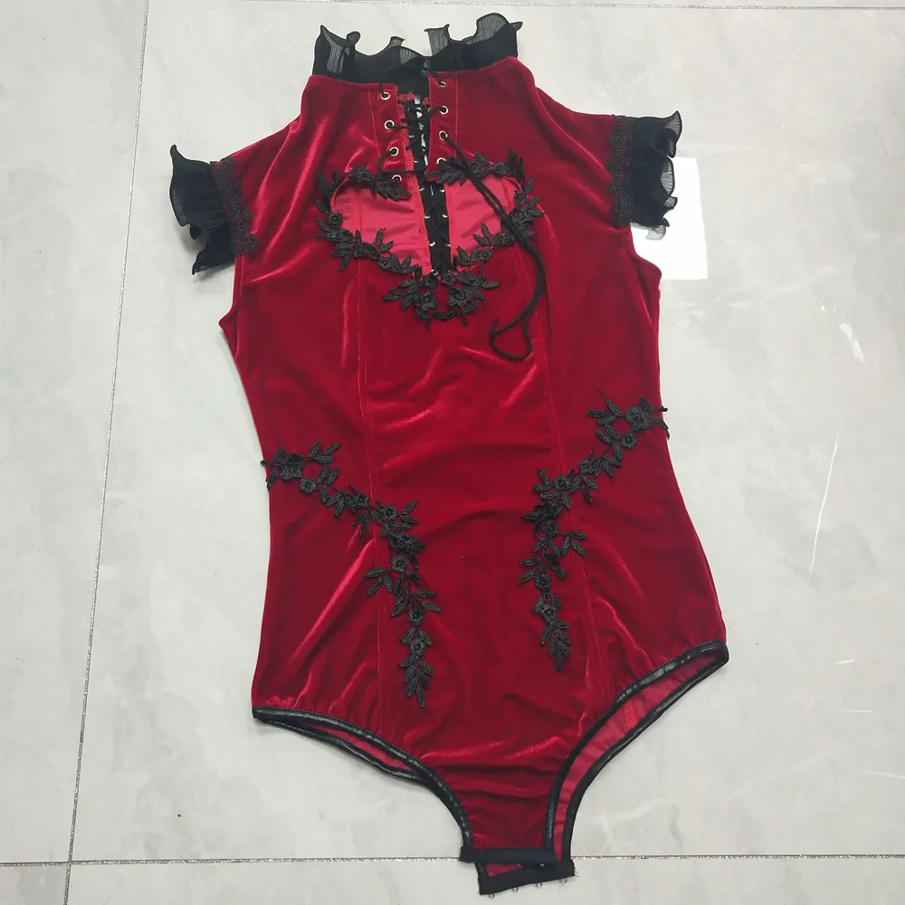 Red Heart Cutout Sleeveless Bodysuit Velvet Gogo Costume Women Dancer Club Leotard Nightclub Party Sexy Performance Stage Wear