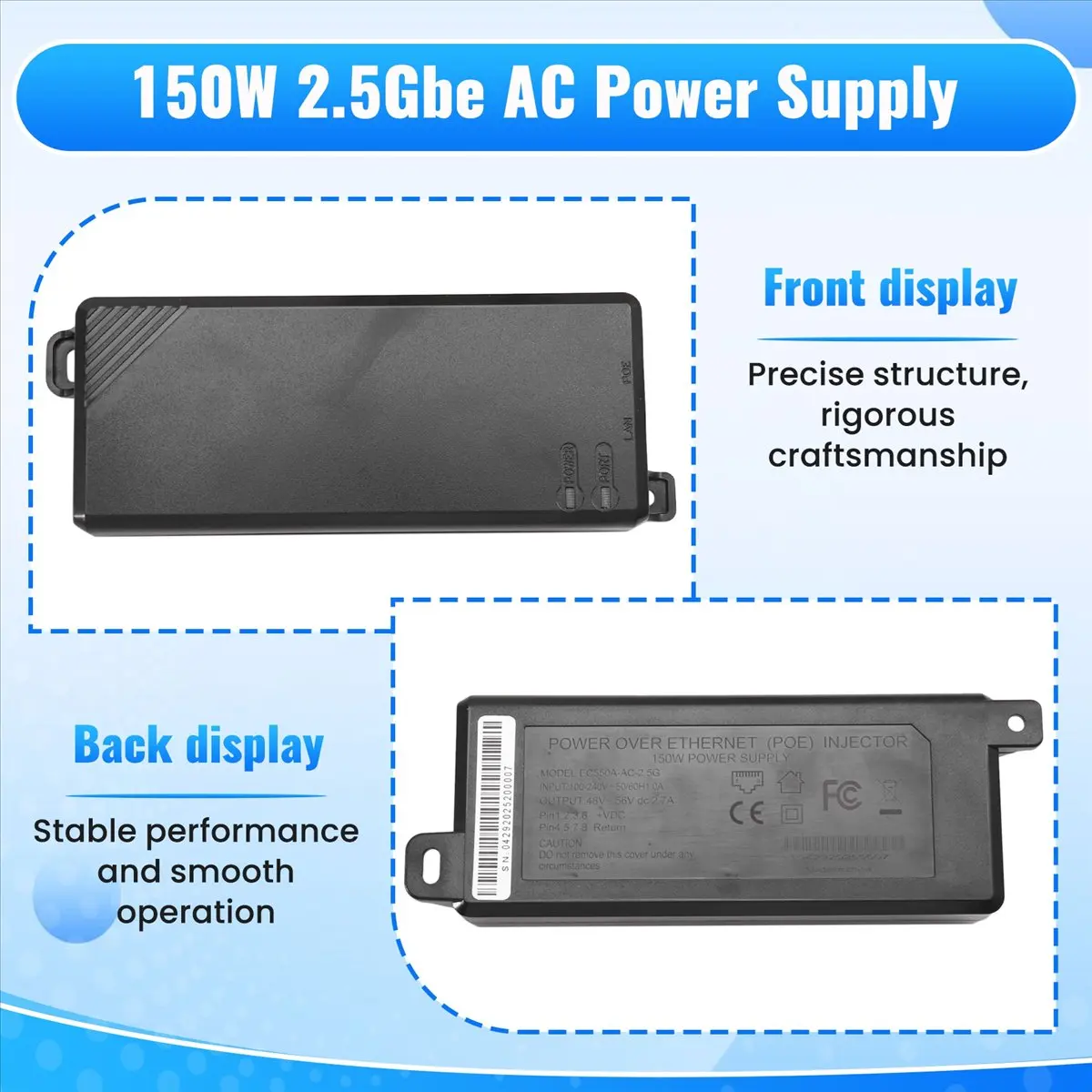 #(Upgraded)For GEN2/GEN3 150W 2.5Gbe AC Power Supply POE Injector 110Vdc Input 48-57V POE Output US Plug