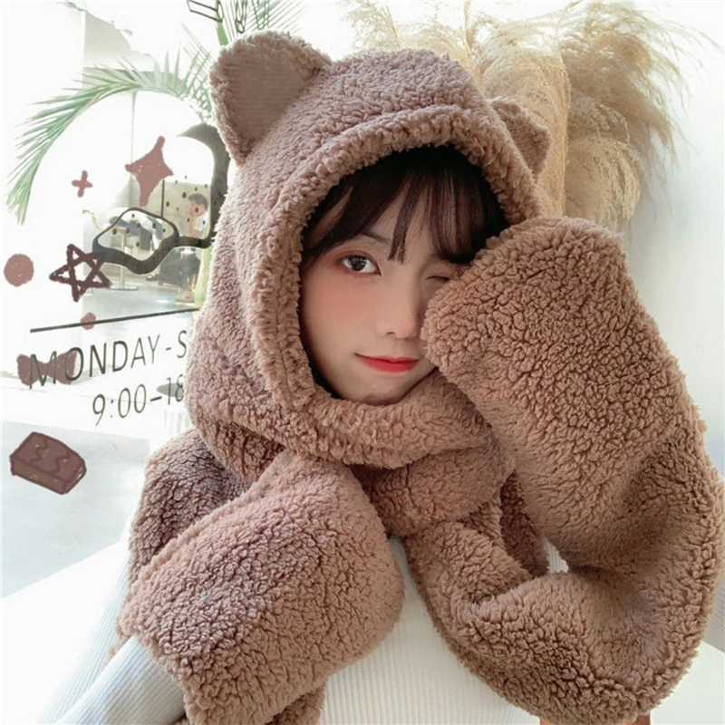 Women Plush Warm 3 In 1 Hooded Scarf Hat Gloves Set Cartoon for Cat Ears Winter Windproof Earflap Pocket Mitt