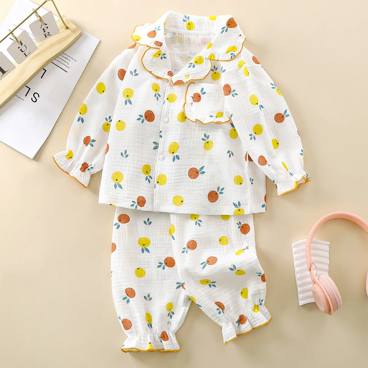 

Children Summer Thin Pajamas Set Small Fresh Printed Pattern Baby Home Clothes Boys Girls Breathable Cotton Gauze Lapel Pajamas