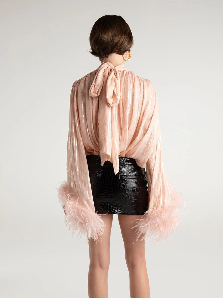 LIMO High Neck Gathered Shimmer Blouse Long Sleeve Feather Trim Cuff Party Top