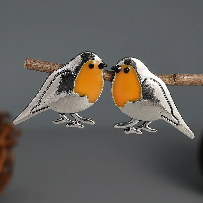 Red Robin Bird Stud Earrings. Small Robin Birds With Orange Enamel. Unique Nature Inspired Bird Earrings For Her.