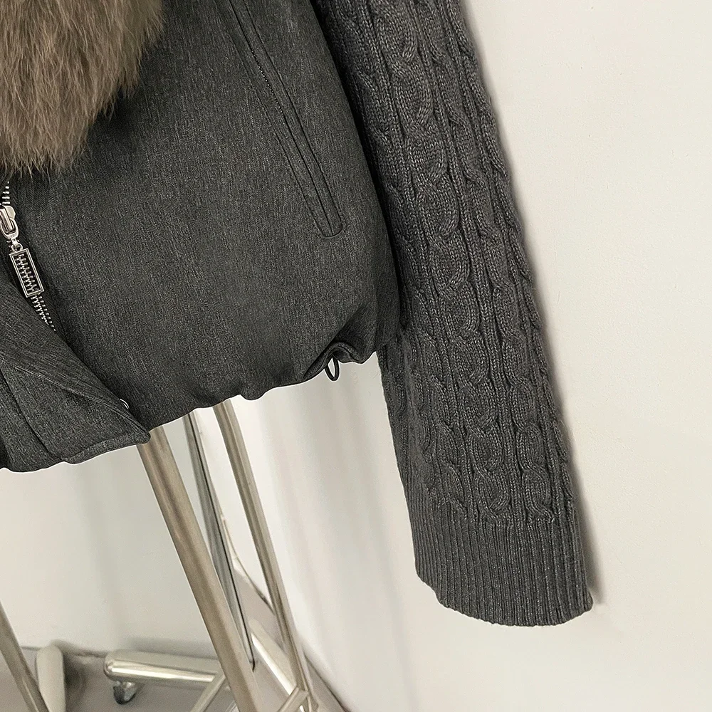 OFTBUY Damen-Pufferjacke mit abnehmbaren Strickärmeln, leichte Daunenjacke mit echtem Fuchspelzkragen, neue Winterkleidung für Damen – Detail 7