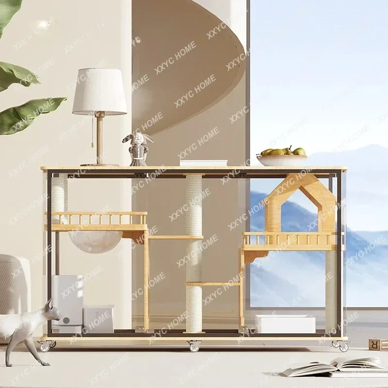 

A Panoramic cat villa TV cabinet, integrated human cat shared cabinet, solid wood nest, fully transparent glass, cat cage