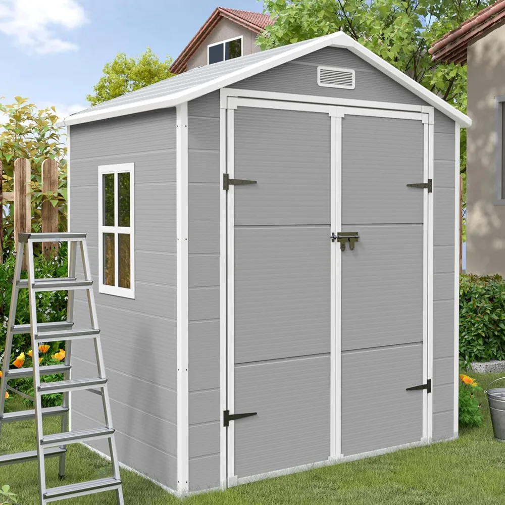 

Outdoor Resin Storage Shed 6x4.5 FT, Plastic Garden Shed for Bike, Garbage Can, Tool, Outside Sheds，Grey & White Freight free