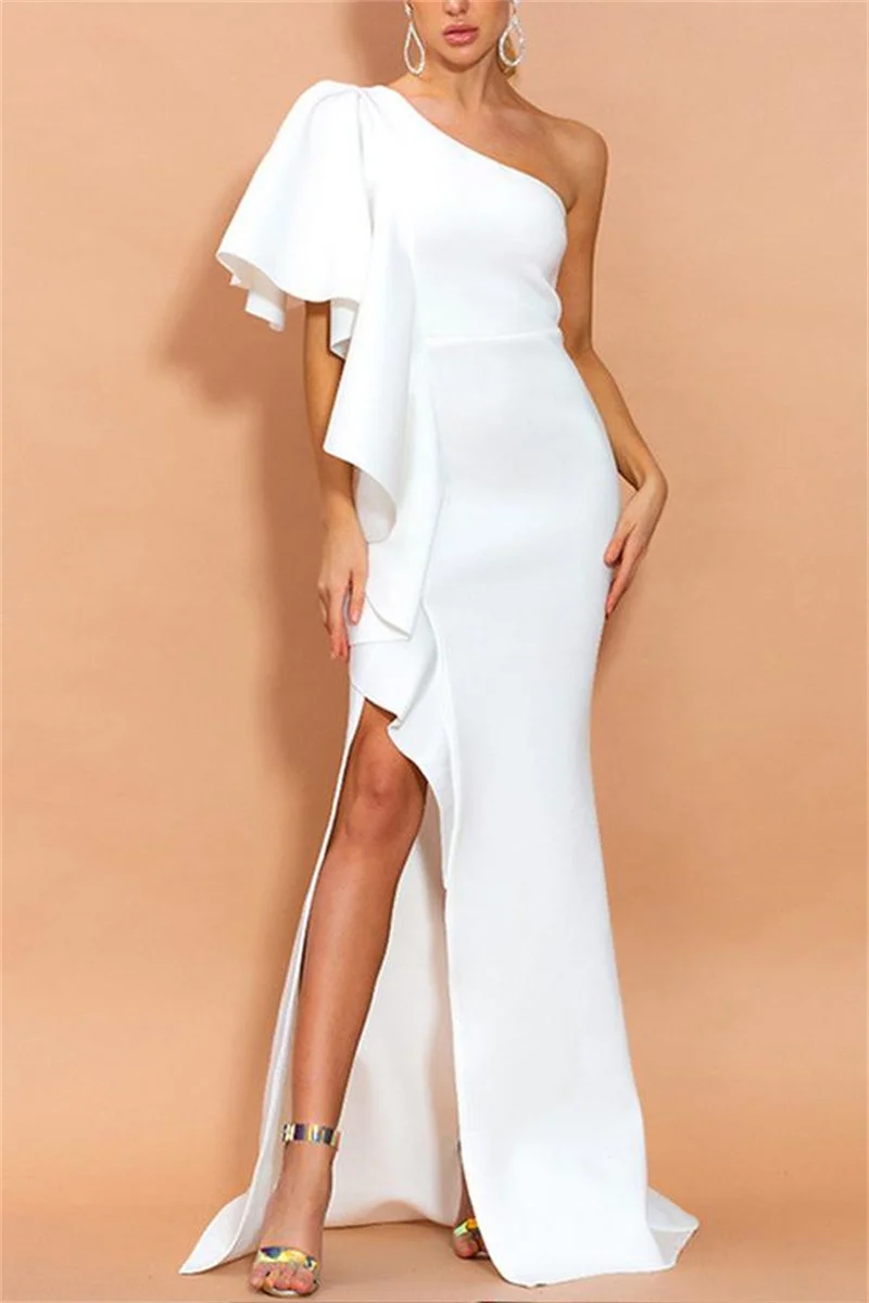 

White Asymmetrical One-Shoulder Split Satin Prom Dress with Slit Ruched Short Elegant Evening Dress 2024 Draped robes de soirée